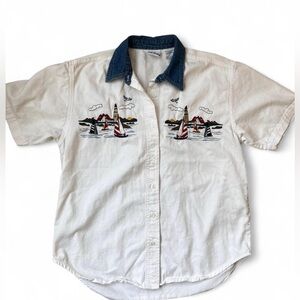 Bobbie Brooks Nautical Embroidered Button Up- Size Medium